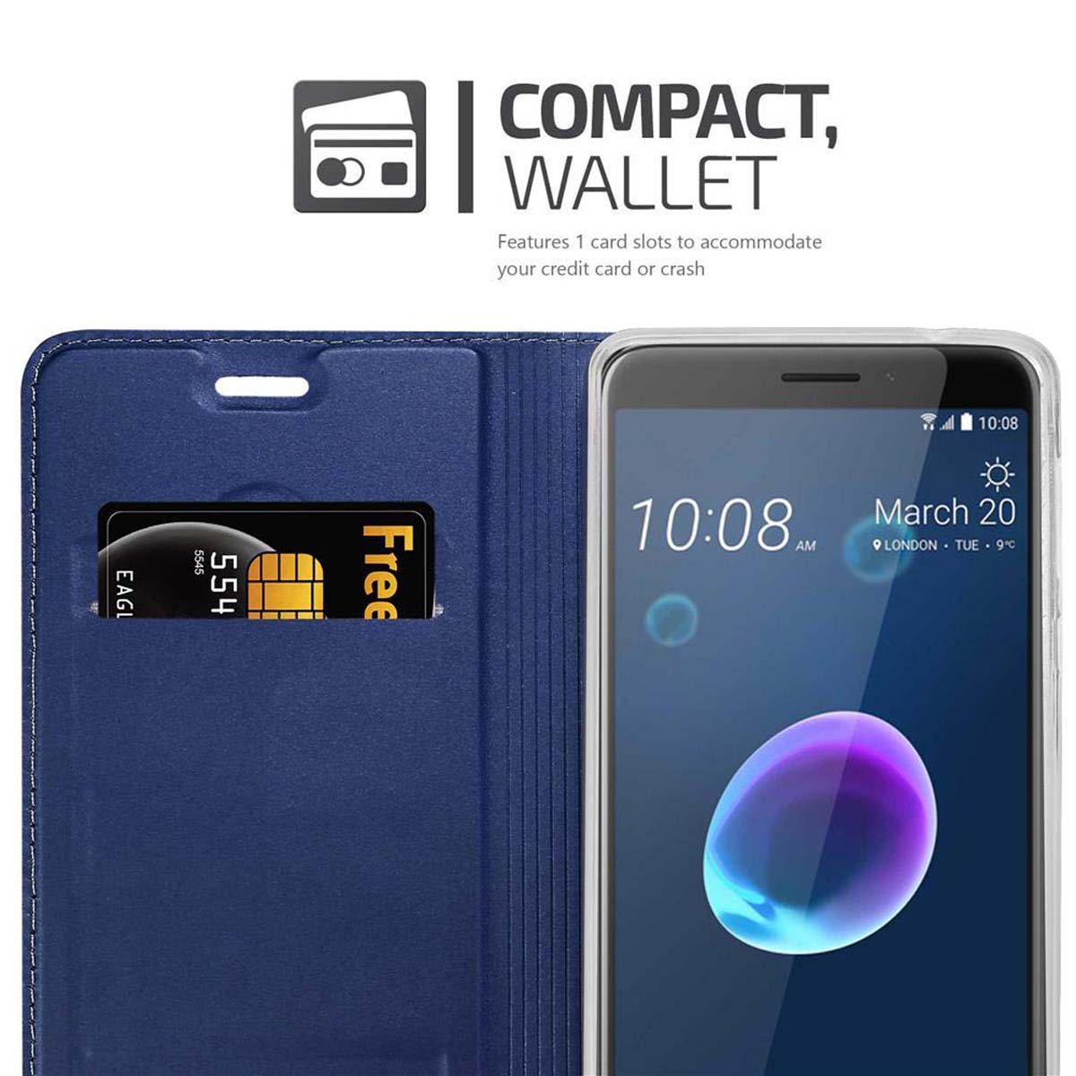 Custodia blu per telefono aperta, con telefono dentro. Fessura per carte mostrata. Testo: Compatto, Portafoglio.