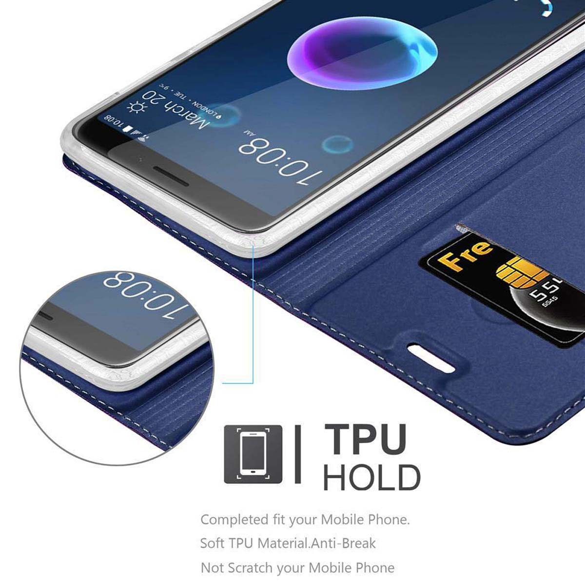 Custodia blu con telefono. Una carta visibile. Parole TPU HOLD.