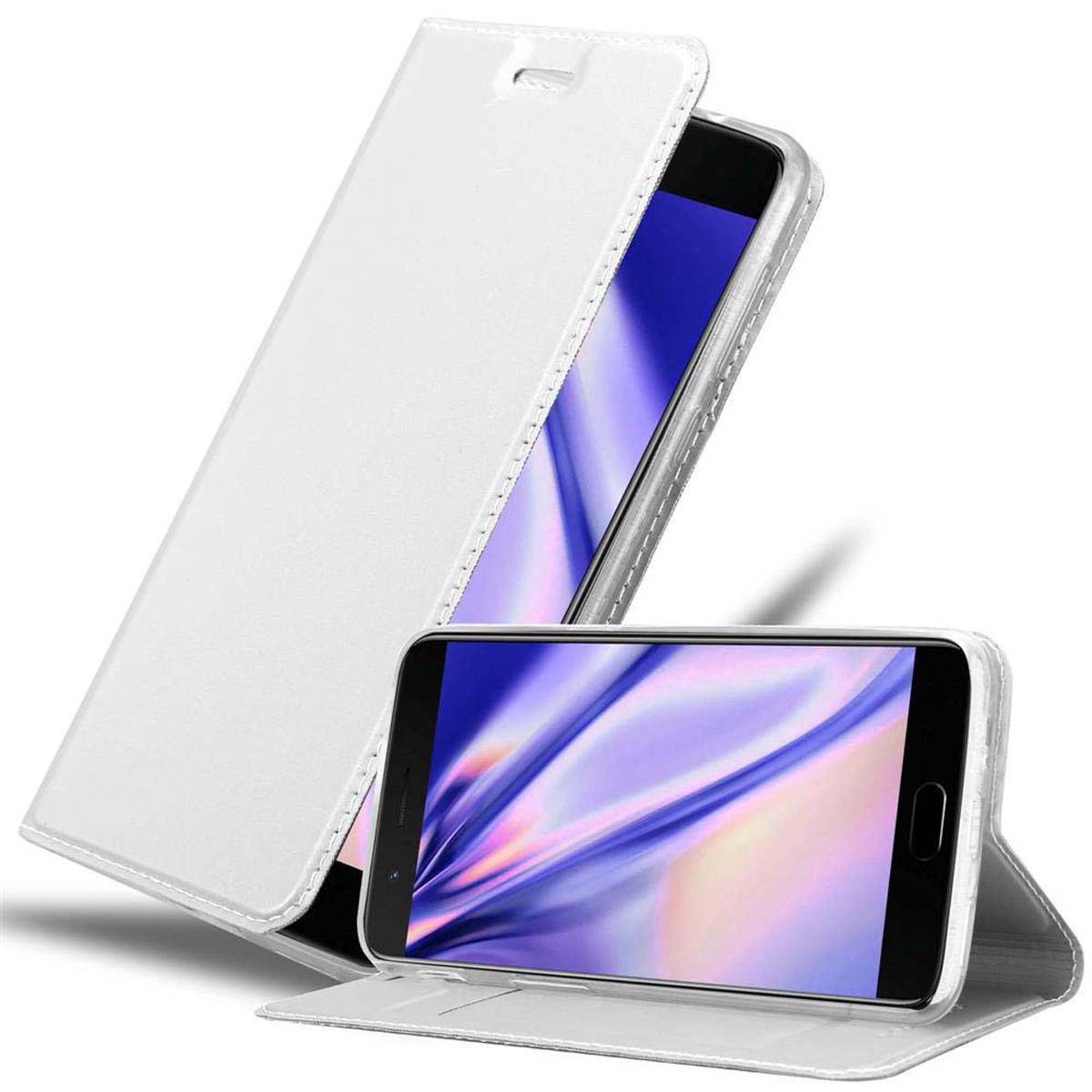 Una funda de teléfono blanca está abierta, revelando un teléfono. Otro teléfono en el fondo. Ambos teléfonos muestran una pantalla morada.