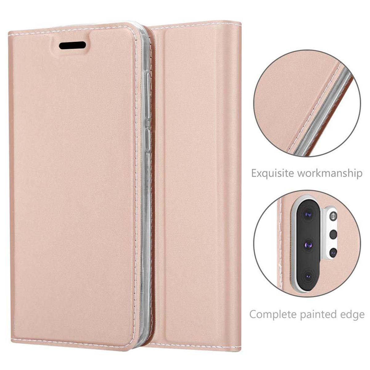 Custodia per telefono rosa con telefono all'interno. La custodia è aperta. Lo sfondo è bianco. Mostra dettagli e bordi.