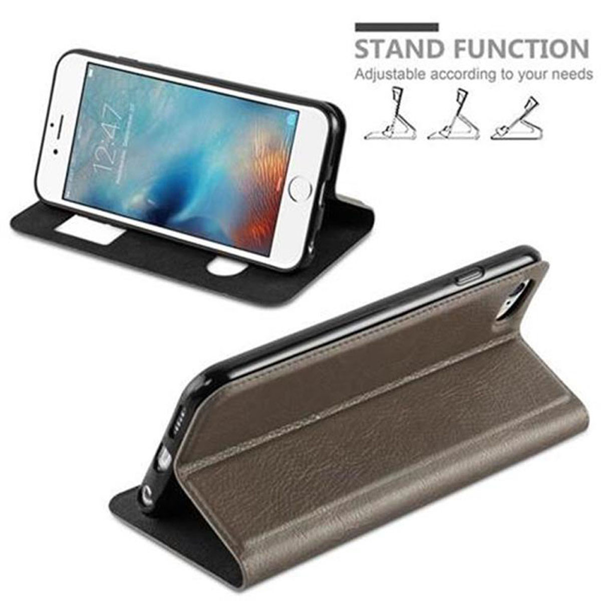 Telefono in una custodia marrone, mostrato aperto e chiuso. Testo: 'Stand Function'.