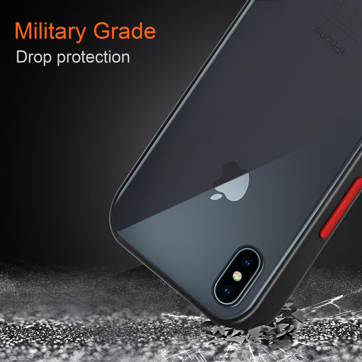 Schwarzes Telefon mit klarer Hülle auf grauer Oberfläche. Text: Militärqualität, Fallschutz. Zerbrochener Boden.