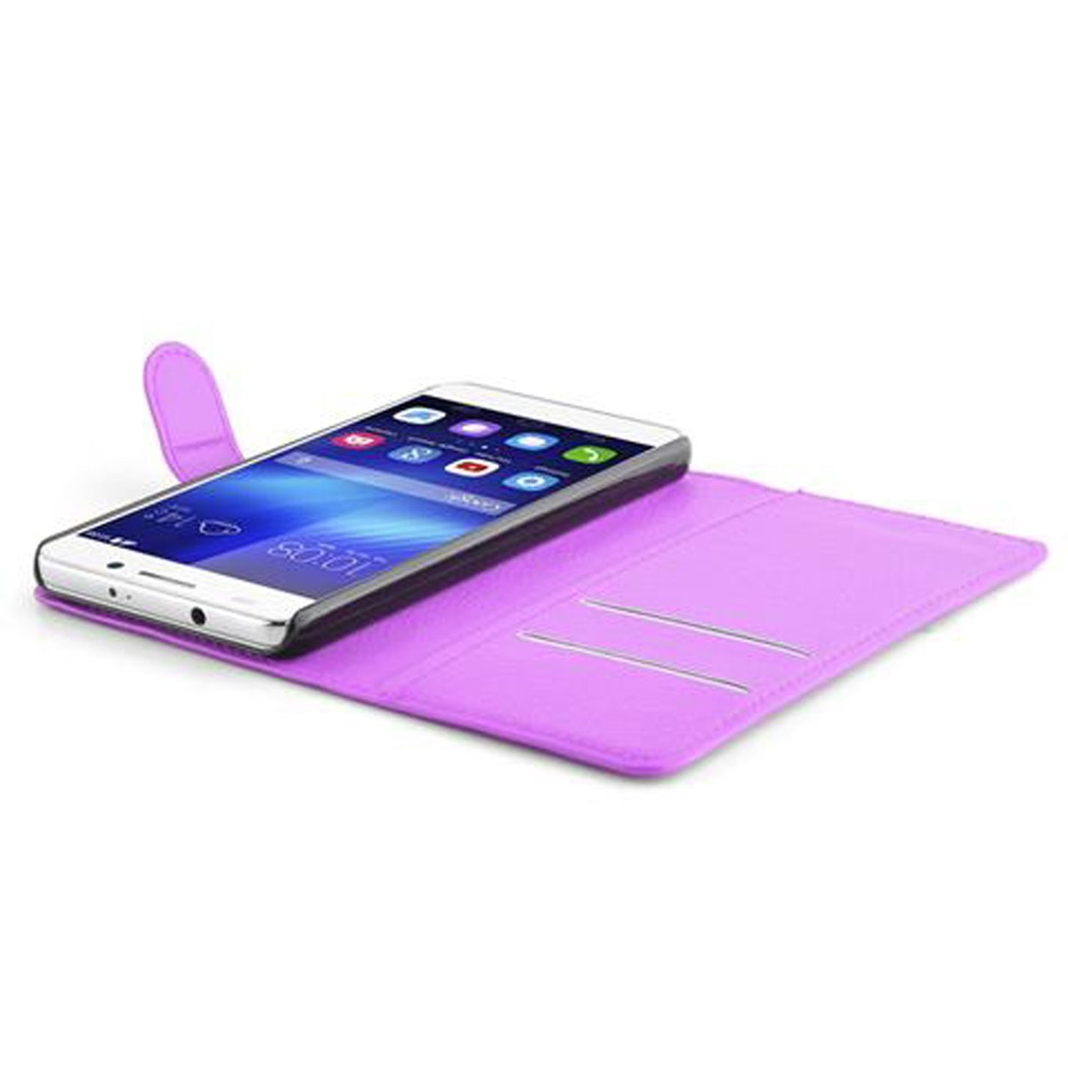 Un telefono in una custodia viola. La custodia è aperta, il telefono mostra un'interfaccia utente.