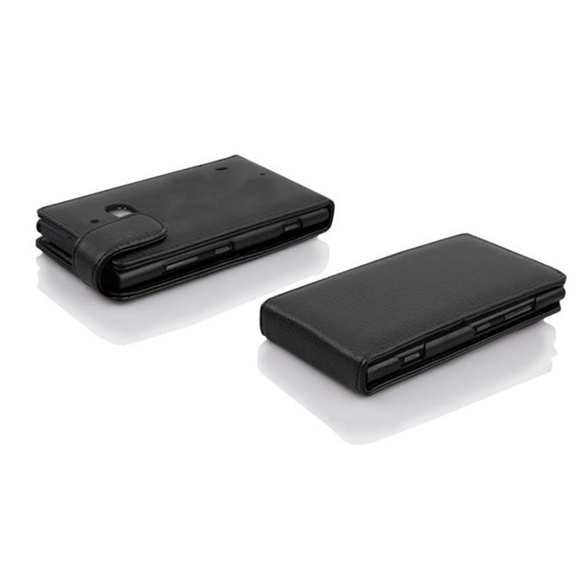 Dos fundas de teléfono negras. Una cerrada y otra abierta.