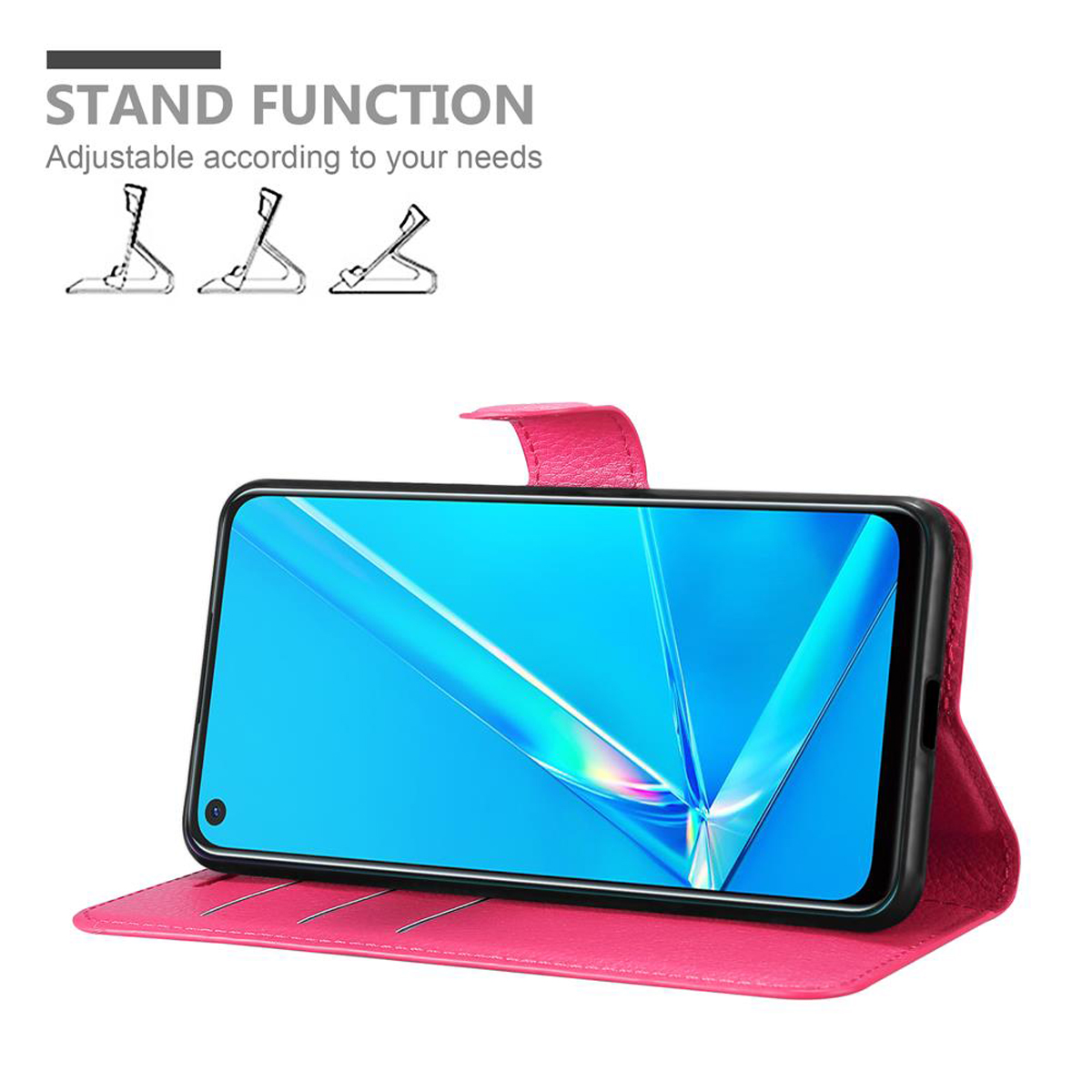 Telefono in una custodia rosa aperta, che può stare in piedi. Testo: Funzione stand.