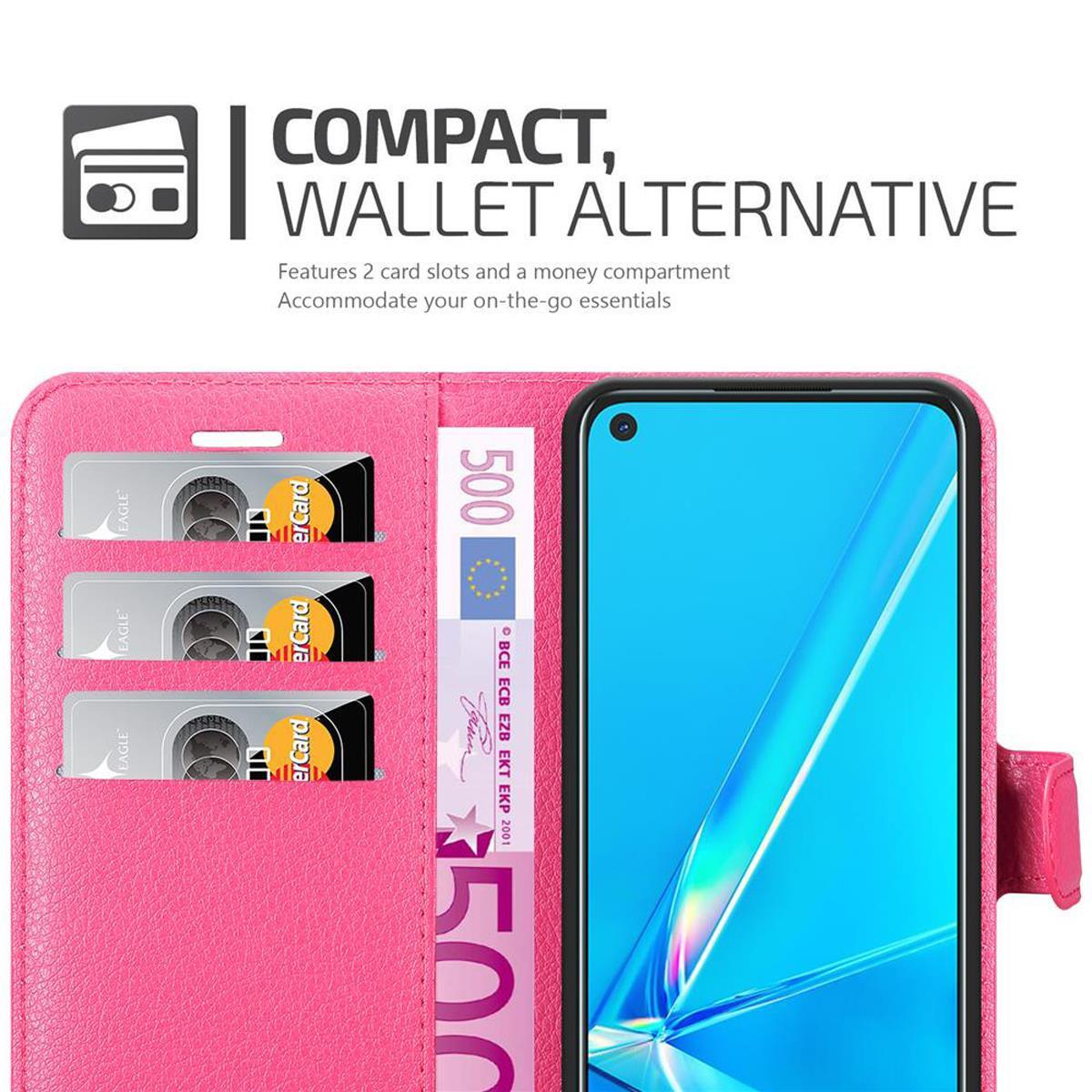 Custodia a portafoglio rosa con scomparti per carte. Banconota in euro visibile. Telefono con schermo blu.