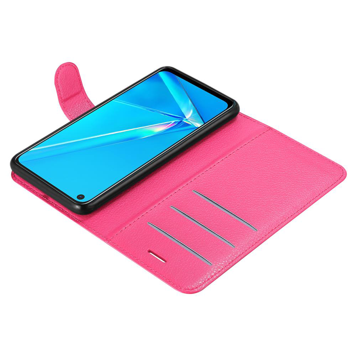 Custodia rosa, aperta, mostra un telefono con schermo blu. Ha fessure per carte.