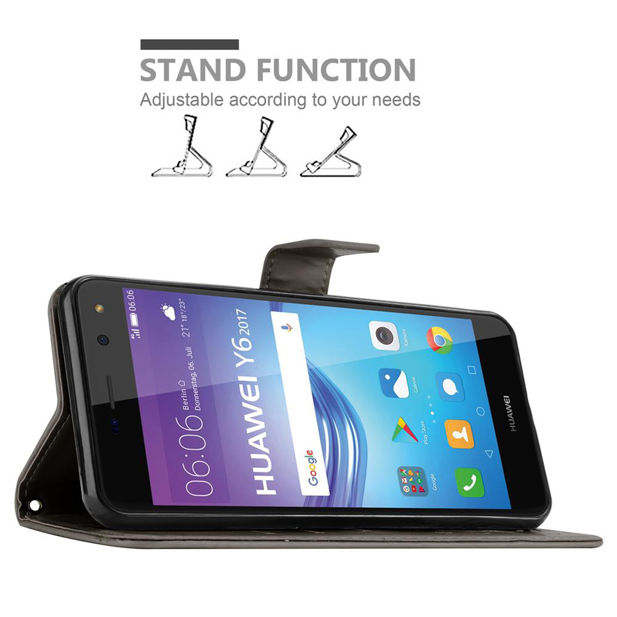 Telefono in una custodia, che mostra lo schermo Huawei Y6 2017. Funzione supporto mostrata. La custodia è grigia.