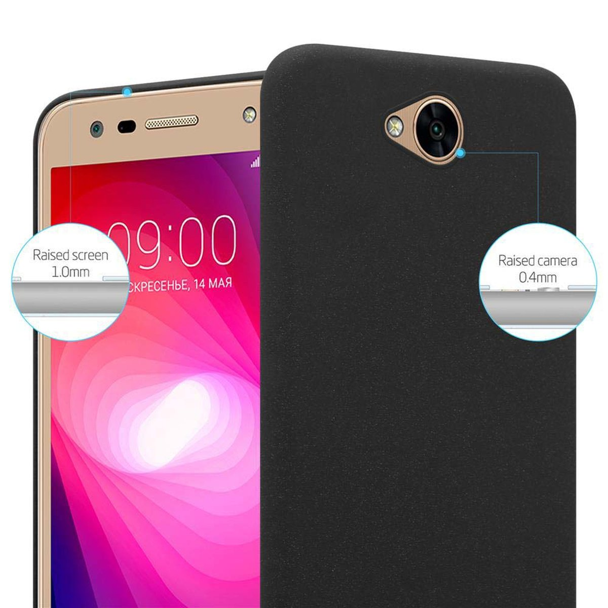 Primo piano di un telefono e della custodia, che evidenzia i dettagli della protezione dello schermo e della fotocamera rialzati.