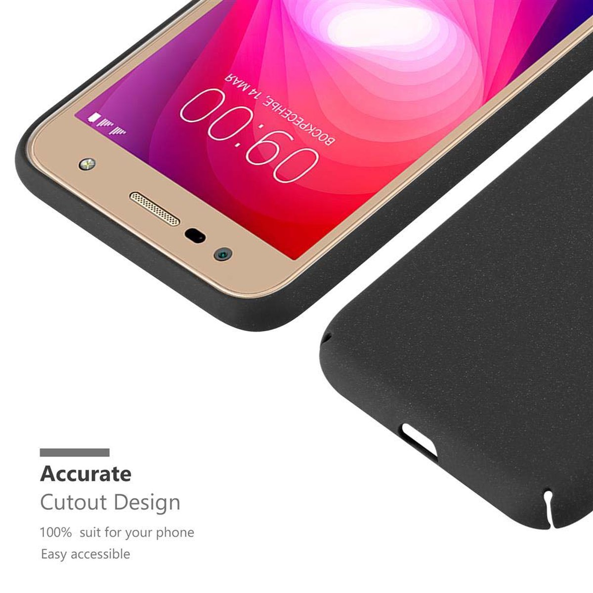 Un telefono con cornice dorata e custodia nera, primo piano con testo di design con ritaglio preciso.