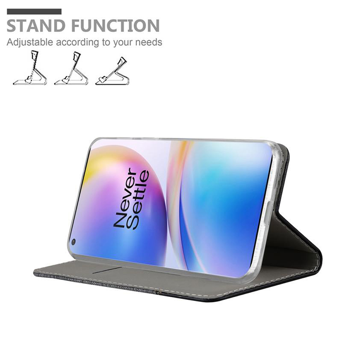 Telefono nella custodia, funzione stand. Testo: Funzione stand, regolabile in base alle tue esigenze.