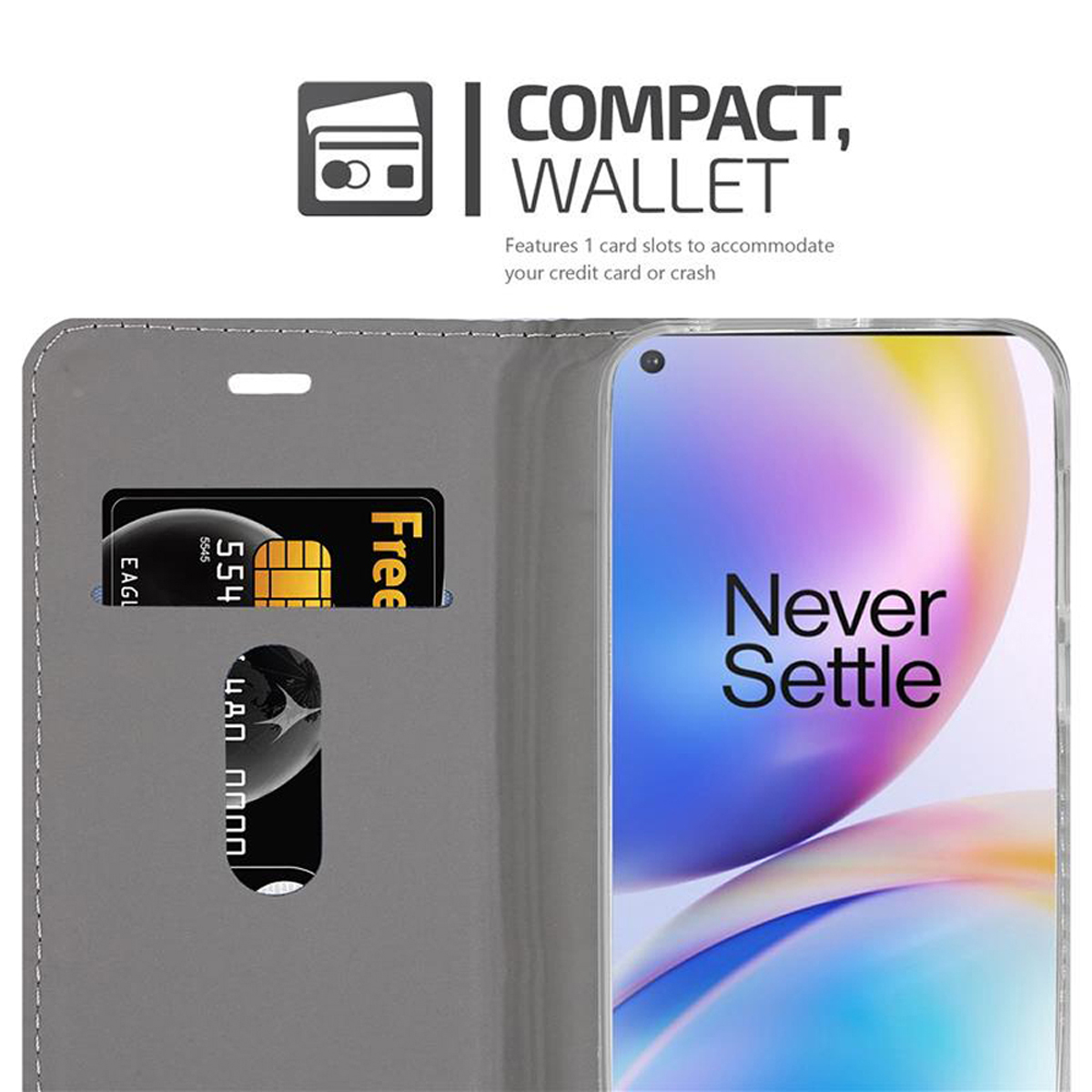Custodia grigia per telefono con fessura per carta di credito. Il telefono mostra il testo: Never Settle. Carta nera nella fessura.