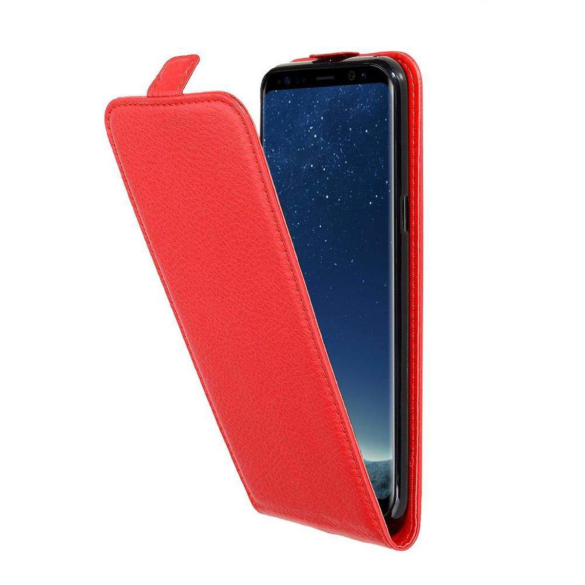 Custodia rossa con telefono. La custodia è aperta, mostrando lo schermo.