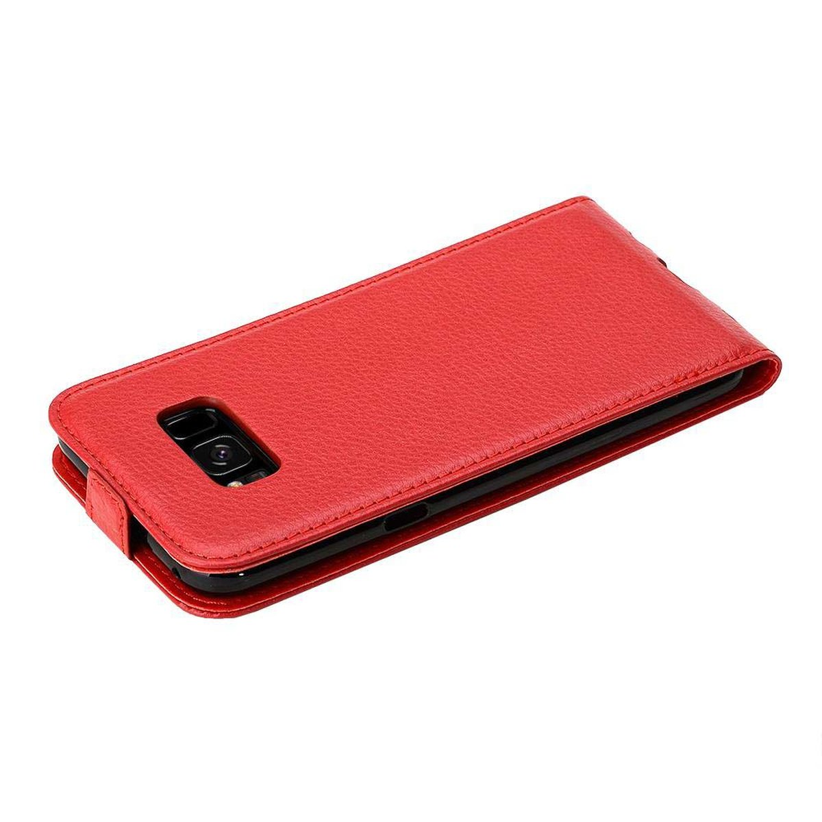 Custodia per telefono rossa, chiusa e piatta. Ha una superficie strutturata e un bordo cucito.