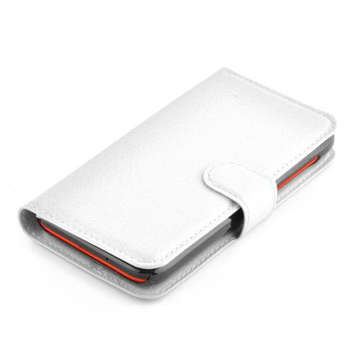 Custodia per telefono bianca, chiusa. La custodia ha un design semplice ed è chiusa con un bottone.