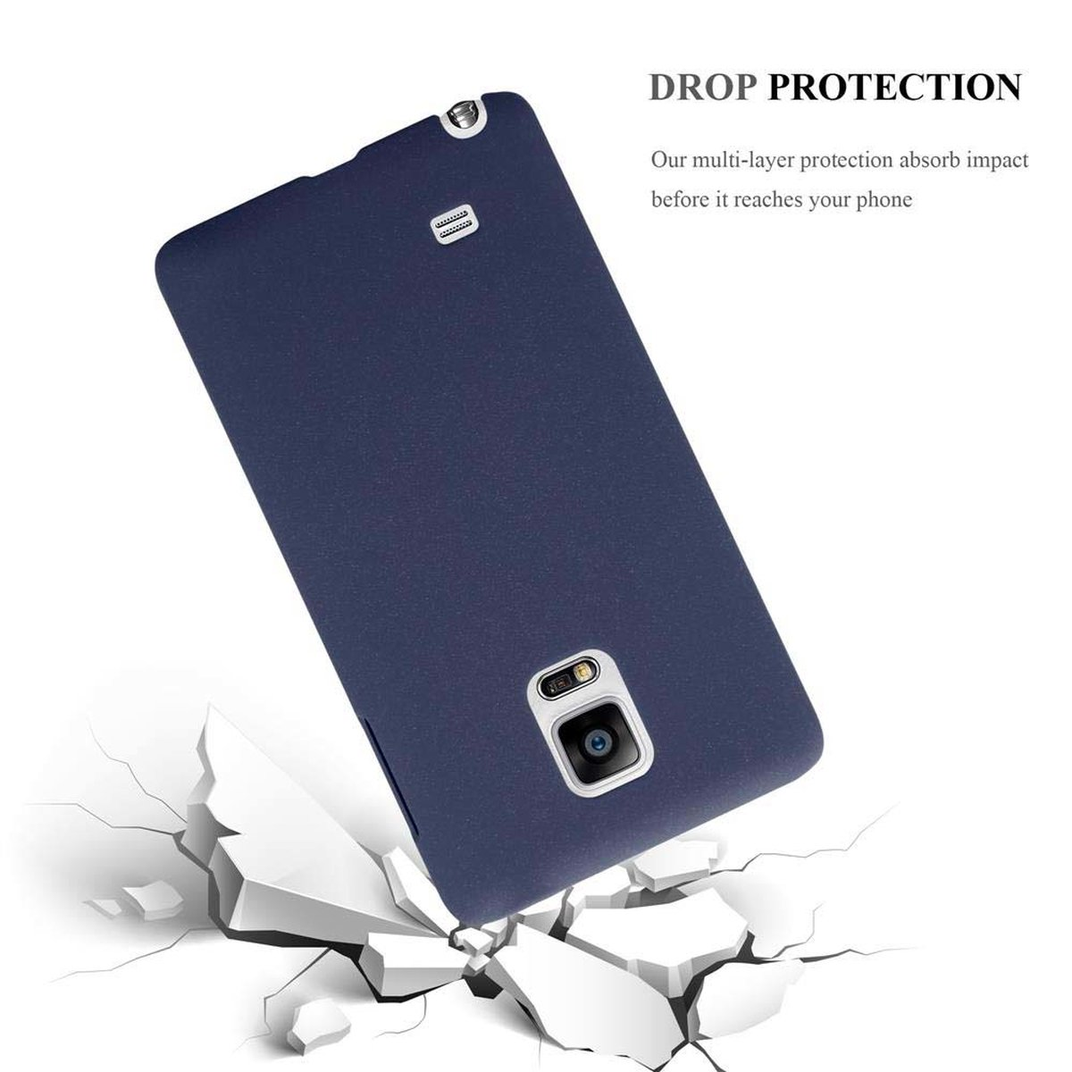 Custodia blu scuro con telefono su sfondo bianco. La custodia cade e rompe il suolo.