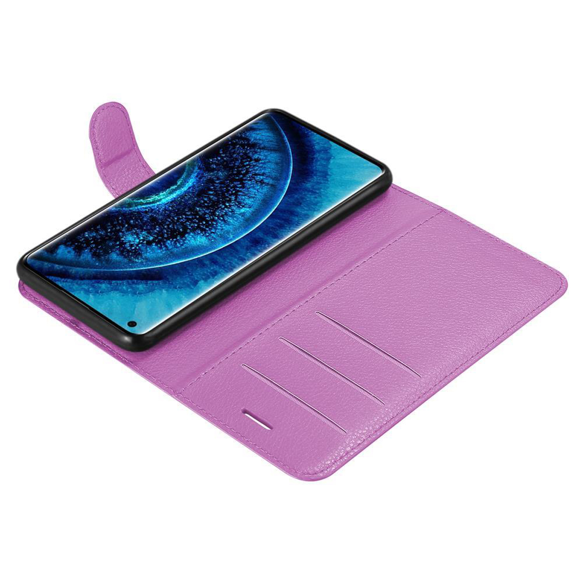 Custodia viola per telefono, aperta, con telefono all'interno.