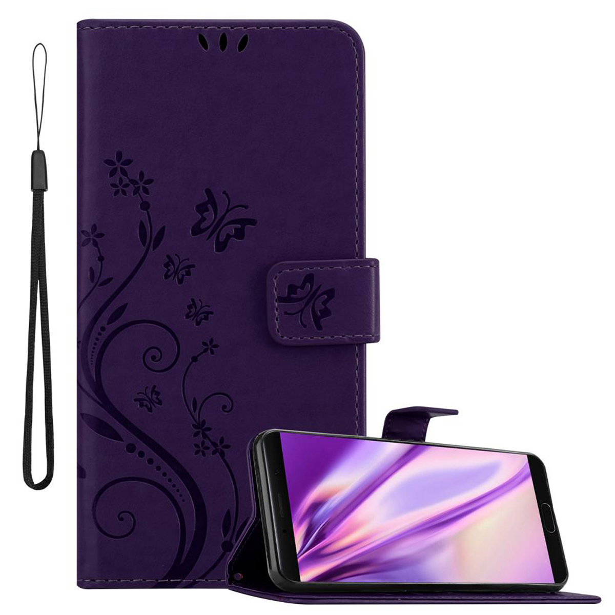 Custodia viola per telefono con telefono all'interno. Design floreale sulla custodia. È attaccato un cinturino.