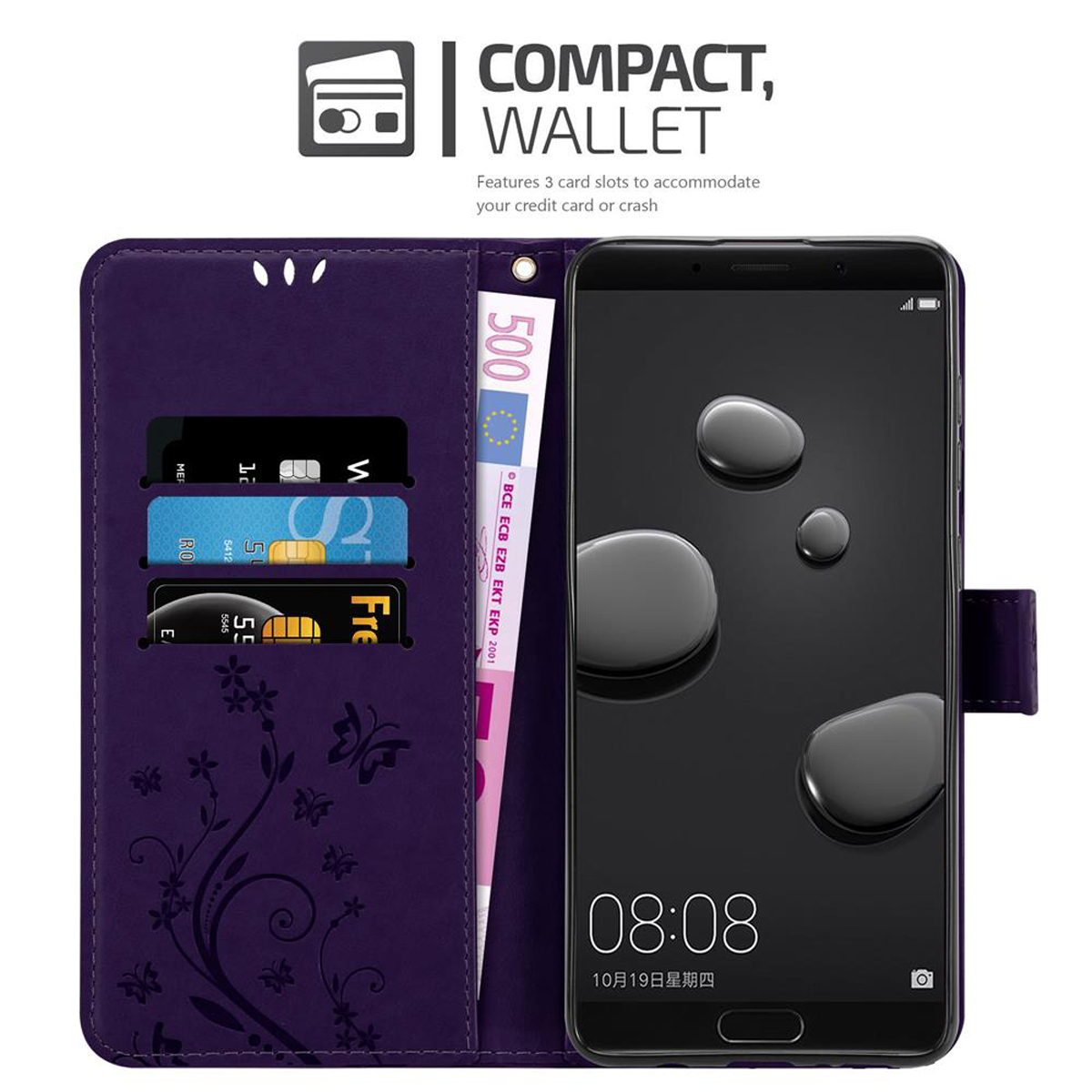 Custodia per telefono viola con fessure per carte di credito e un telefono. È visibile una banconota da 500 euro.