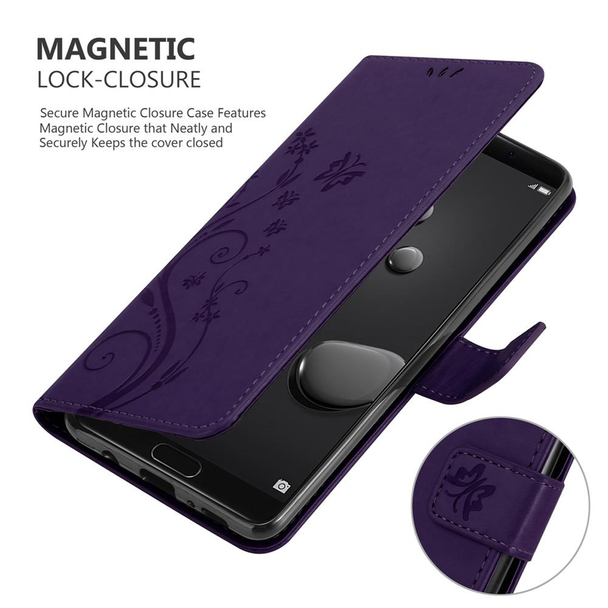 Una custodia viola per telefono con un design floreale, aperta e che mostra un telefono all'interno.