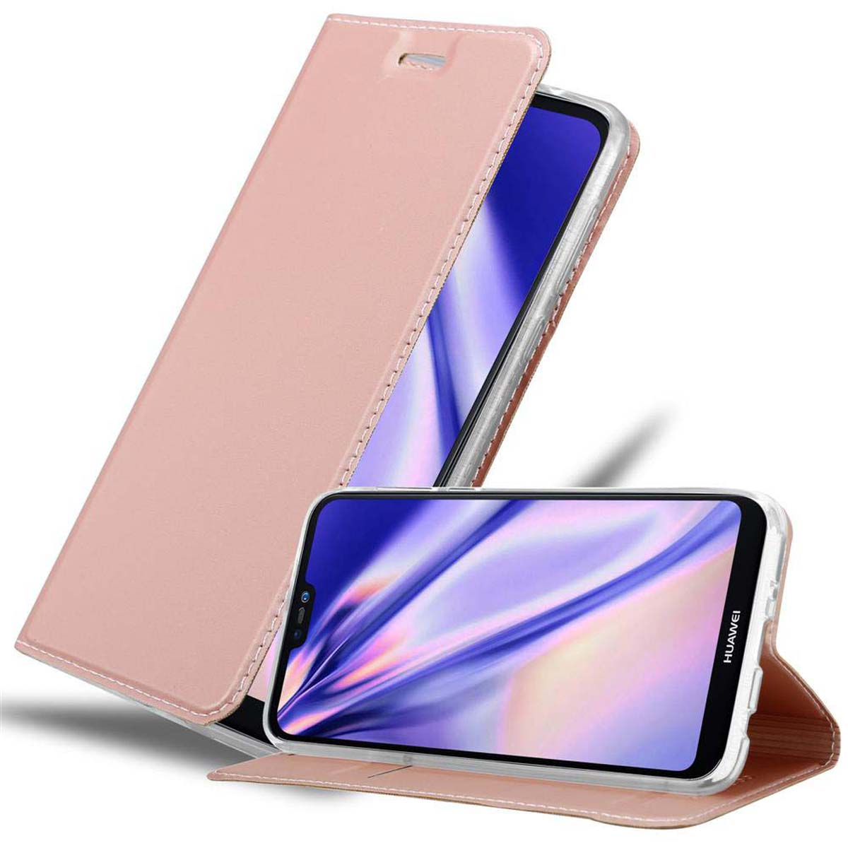 Custodia rosa con telefono. La custodia è aperta, rivelando lo schermo.