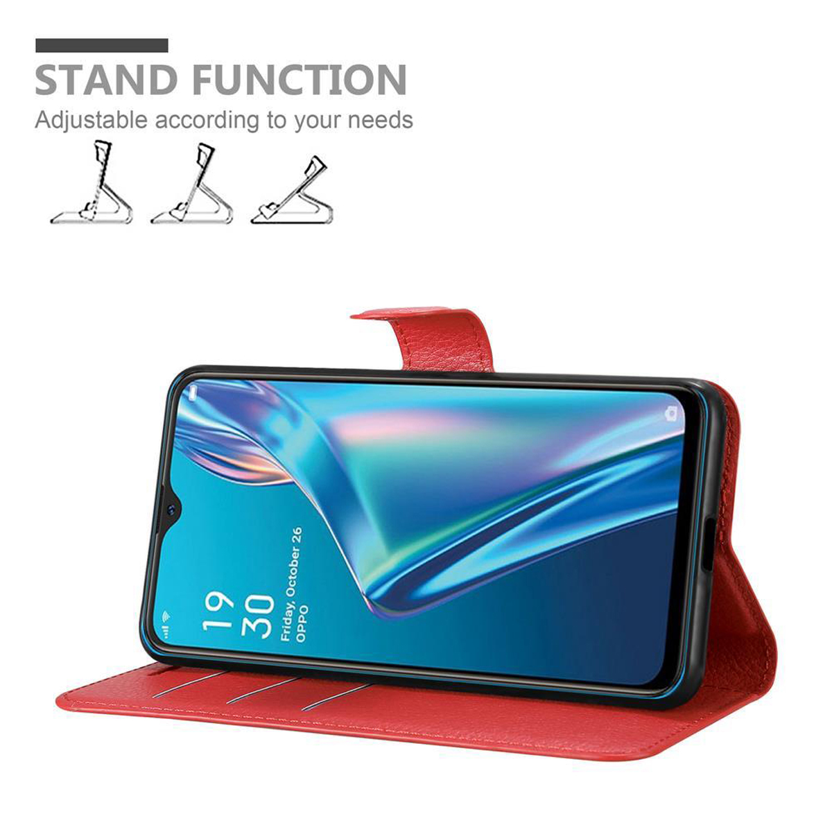 Rote Handyhülle mit Telefon, offen und aufgestellt, mit der Standfunktion.