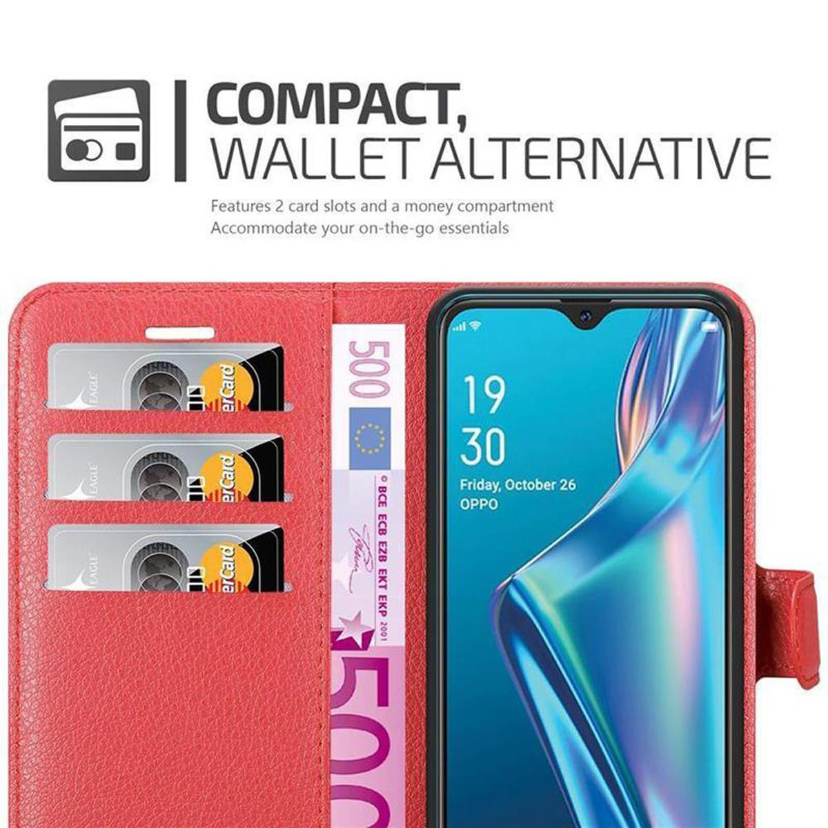 Rote Handyhülle mit Kreditkarten, Bargeld und Telefon mit Uhrzeit. Das Etui ist kompakt.