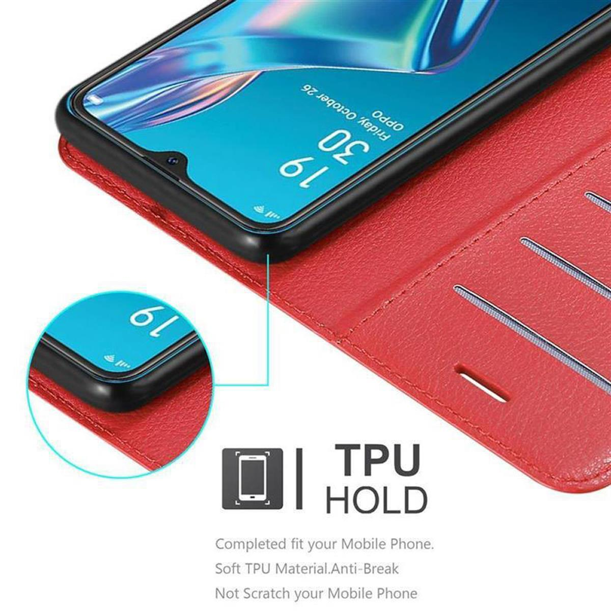 Rotes Handycase mit Telefon. Gehäuse ist offen, zeigt das Telefon im Inneren. TPU HOLD Grafik.
