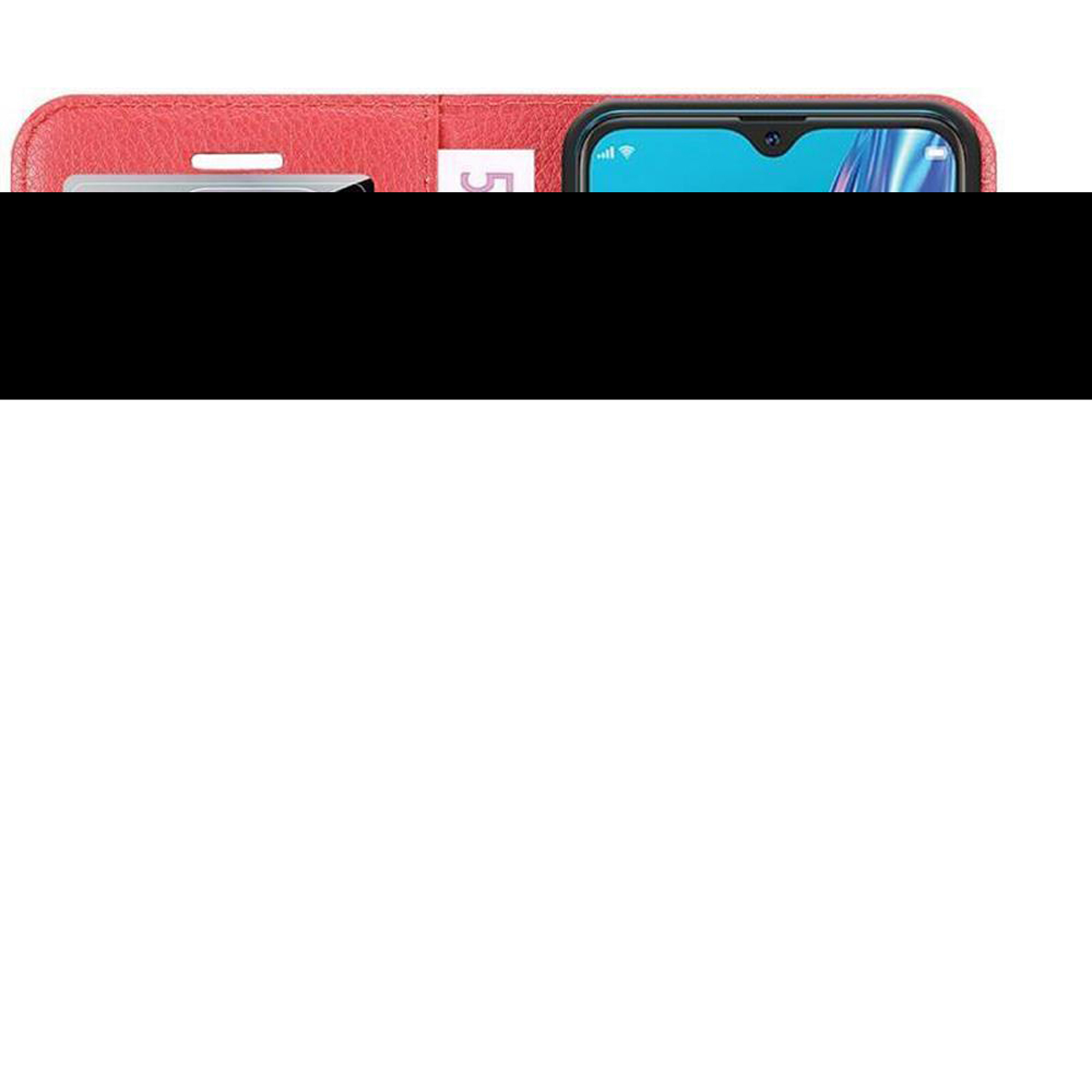 Rote Brieftasche mit Telefon. Der Bildschirm ist sichtbar.