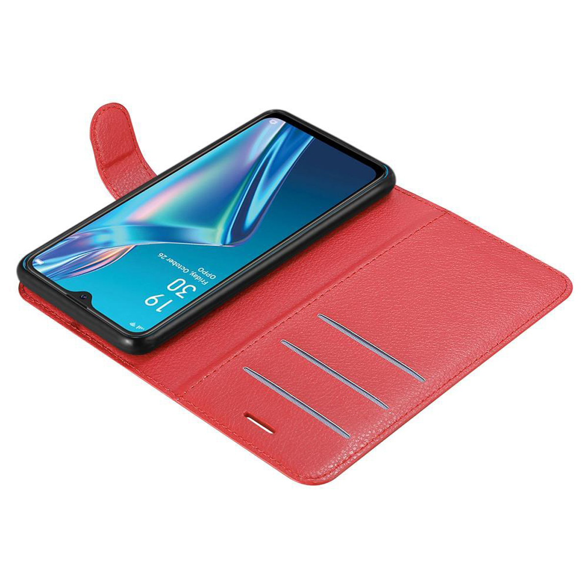 Rote Handyhülle, offen, mit Telefon. Das Telefon zeigt Datum: Freitag, 25. Oktober. Mit Kartenfächern.