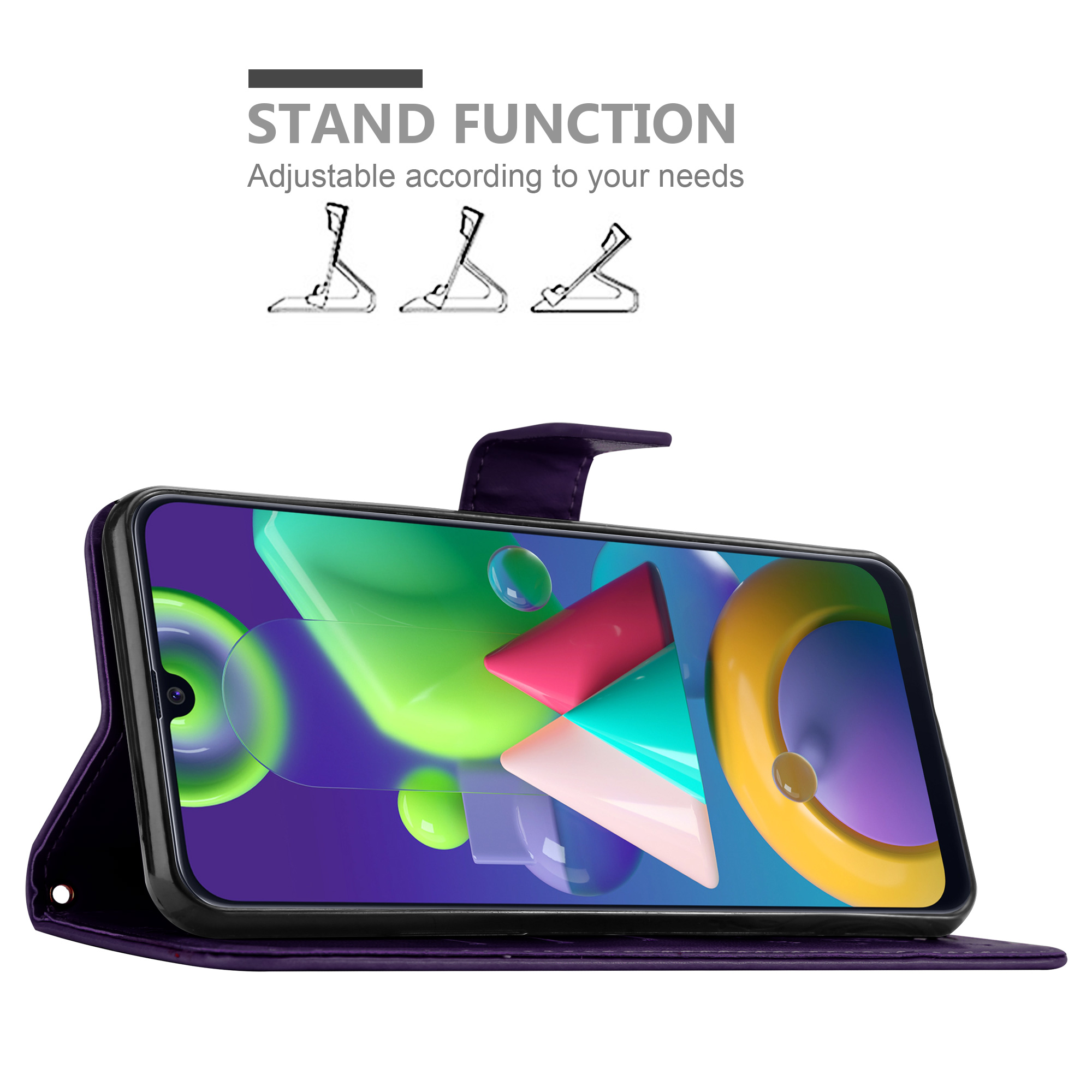 Telefono in una custodia, puntellato. Lo schermo mostra un design astratto colorato. Funzione stand.