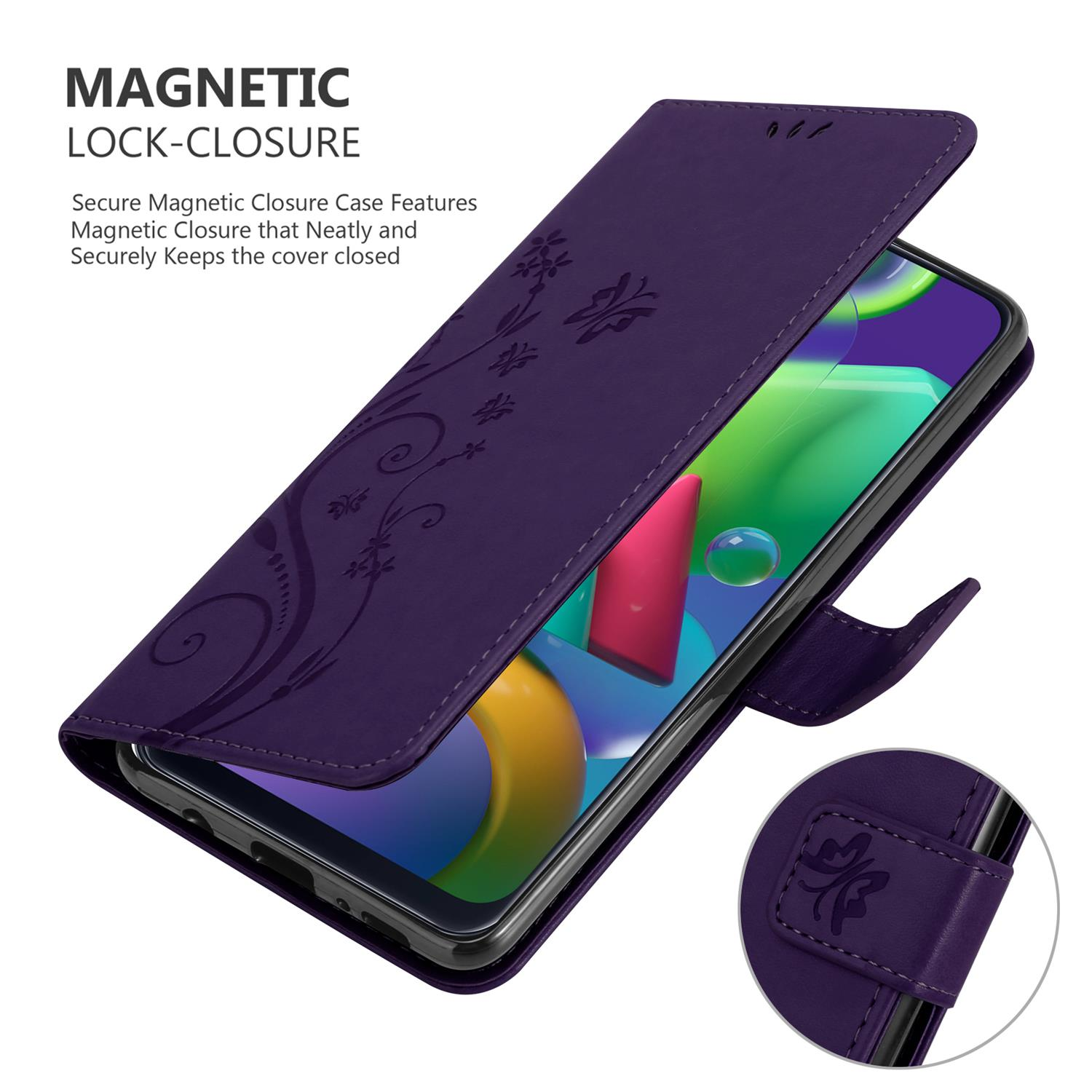 Custodia viola aperta, con telefono. Design floreale, chiusura magnetica.