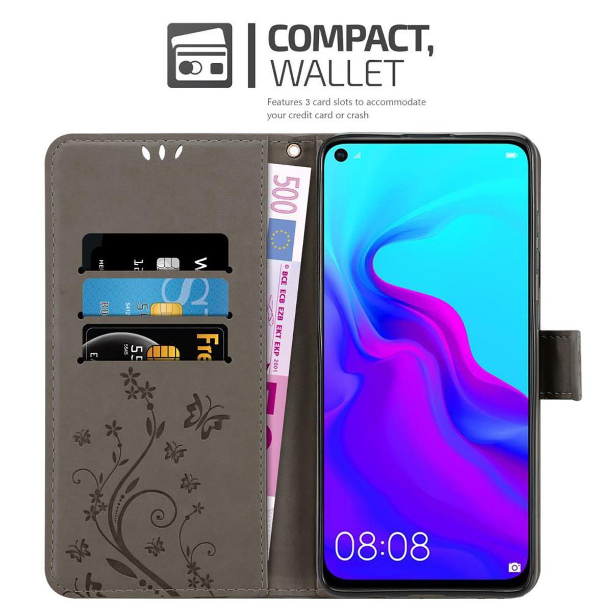 Custodia grigia per telefono con fessure per carte di credito e denaro. Telefono che mostra uno schermo colorato.