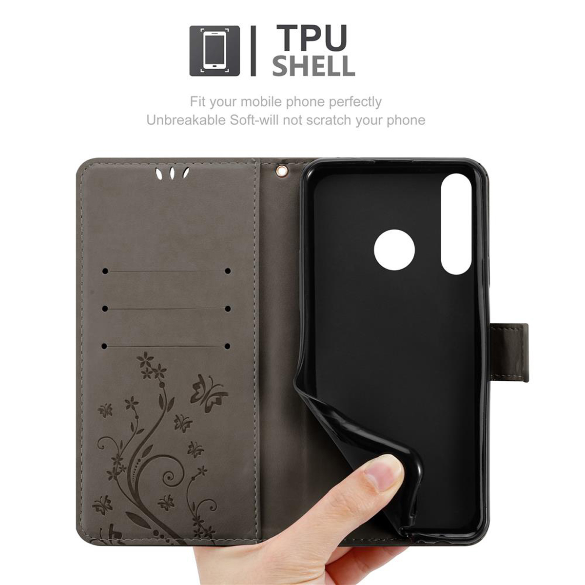 Una custodia per telefono aperta è mostrata con una mano che tiene il guscio interno in TPU nero. Ha fessure per carte e un design floreale.