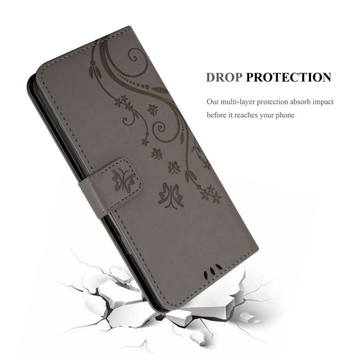Custodia grigia per telefono con design floreale. La custodia cade su una superficie rotta. Testo: Protezione dalle cadute.