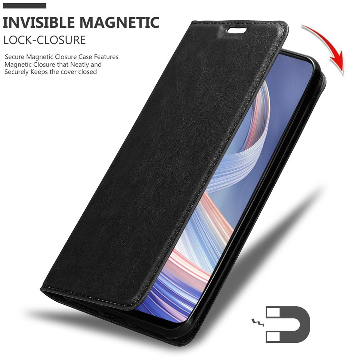 Schwarze Handyhülle offen, zeigt Telefon. Hülle mit Magnetverschluss.