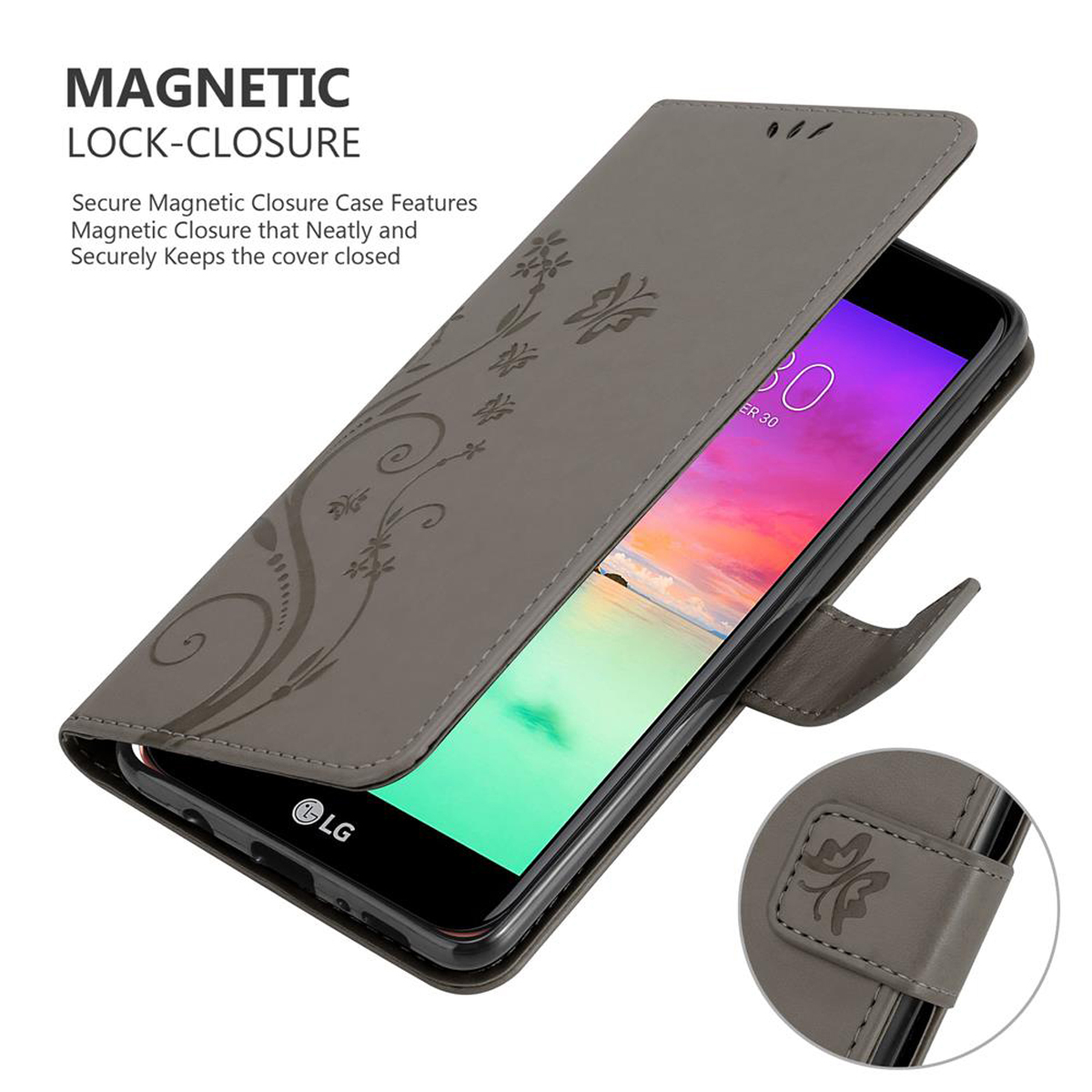 Custodia grigia per telefono con design floreale, aperta. Testo: Chiusura magnetica. Telefono dentro, schermo acceso.