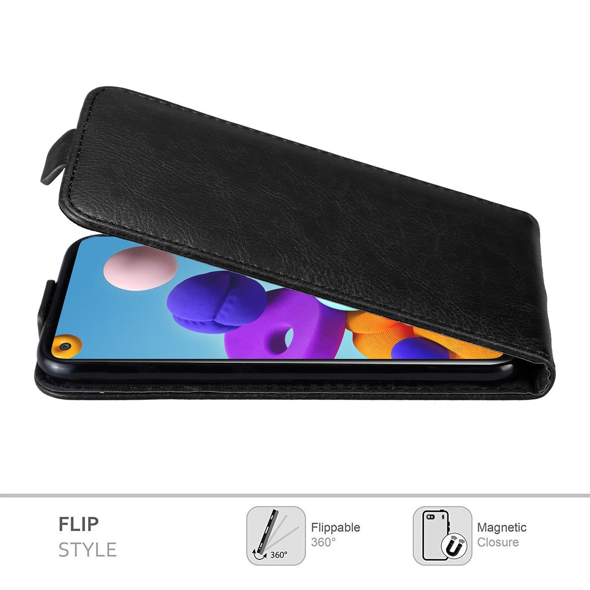 Schwarze Handyhülle mit Telefon, offen. Das Telefon ist sichtbar.