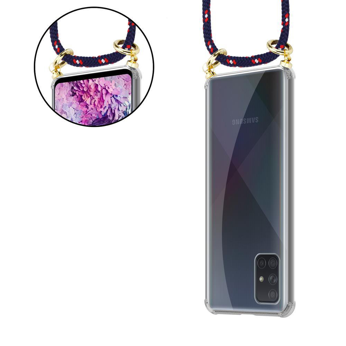 Handy A51 ROT Samsung, CADORABO Galaxy Kordel abnehmbarer Backcover, mit BLAU und WEIß M40s, Band 4G Hülle, GEPUNKTET Kette / Ringen, Gold