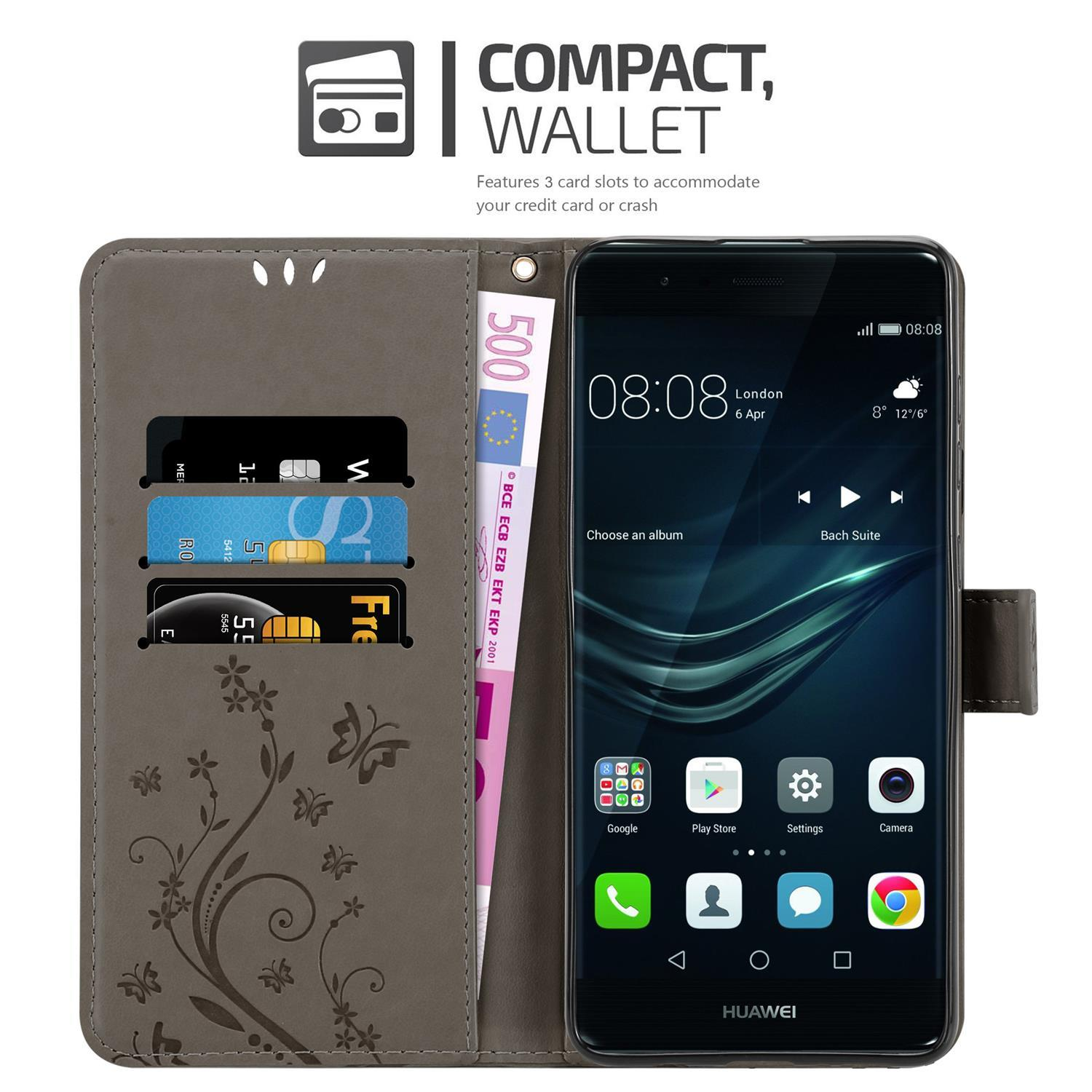 CADORABO PLUS, Hülle GRAU Muster Bookcover, Case, Huawei, P9 FLORAL Blumen Flower