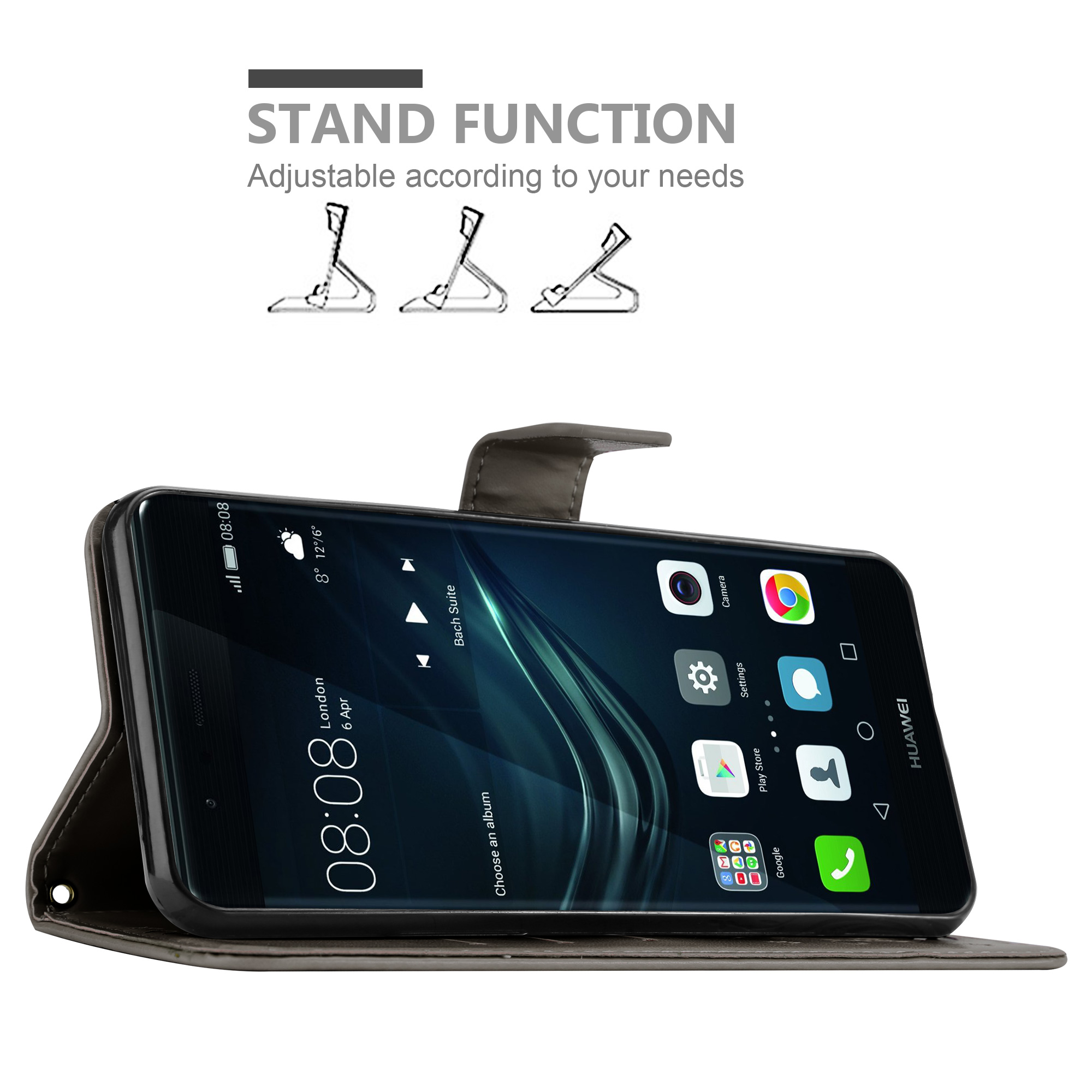 Schwarzes Telefon in schwarzem Gehäuse, Bildschirm offen. Text: Standfunktion, einstellbar. Drei Standoptionen.