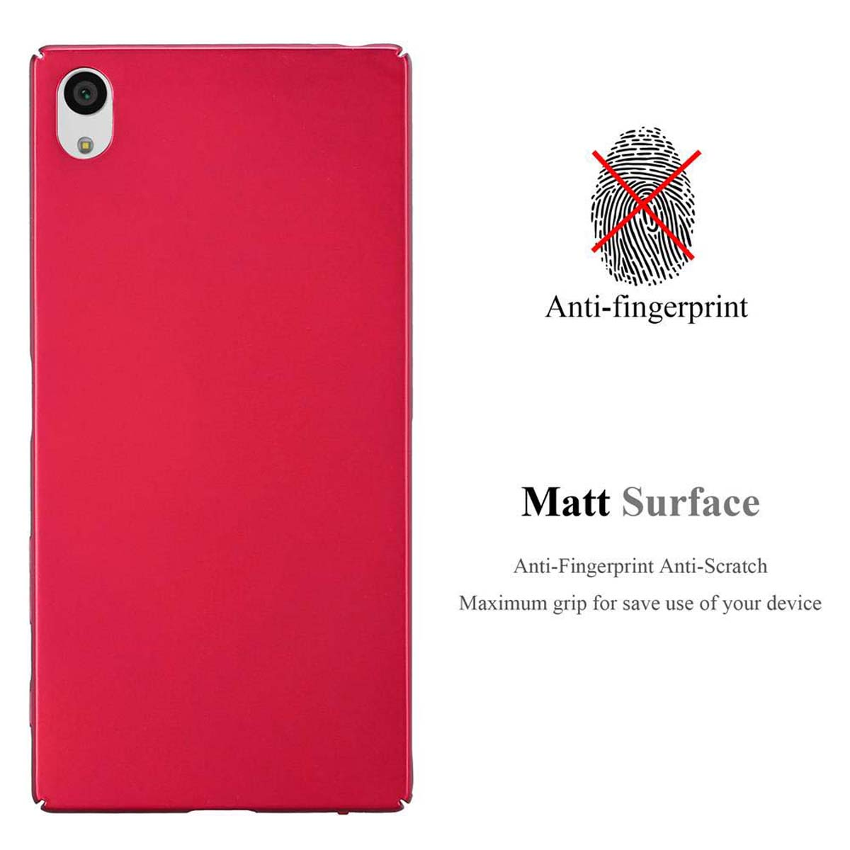 Custodia rossa per telefono. L'immagine mostra la funzione anti-impronta. Testo: Superficie opaca. Anti-impronte antigraffio.