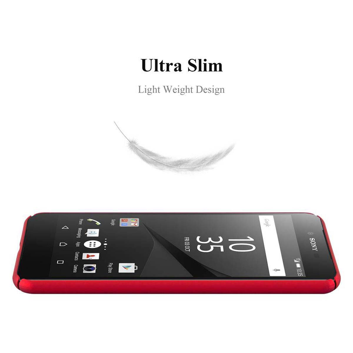 Un telefono rosso con schermo nero, in posizione orizzontale, con il testo "Ultra Slim" e una piuma.