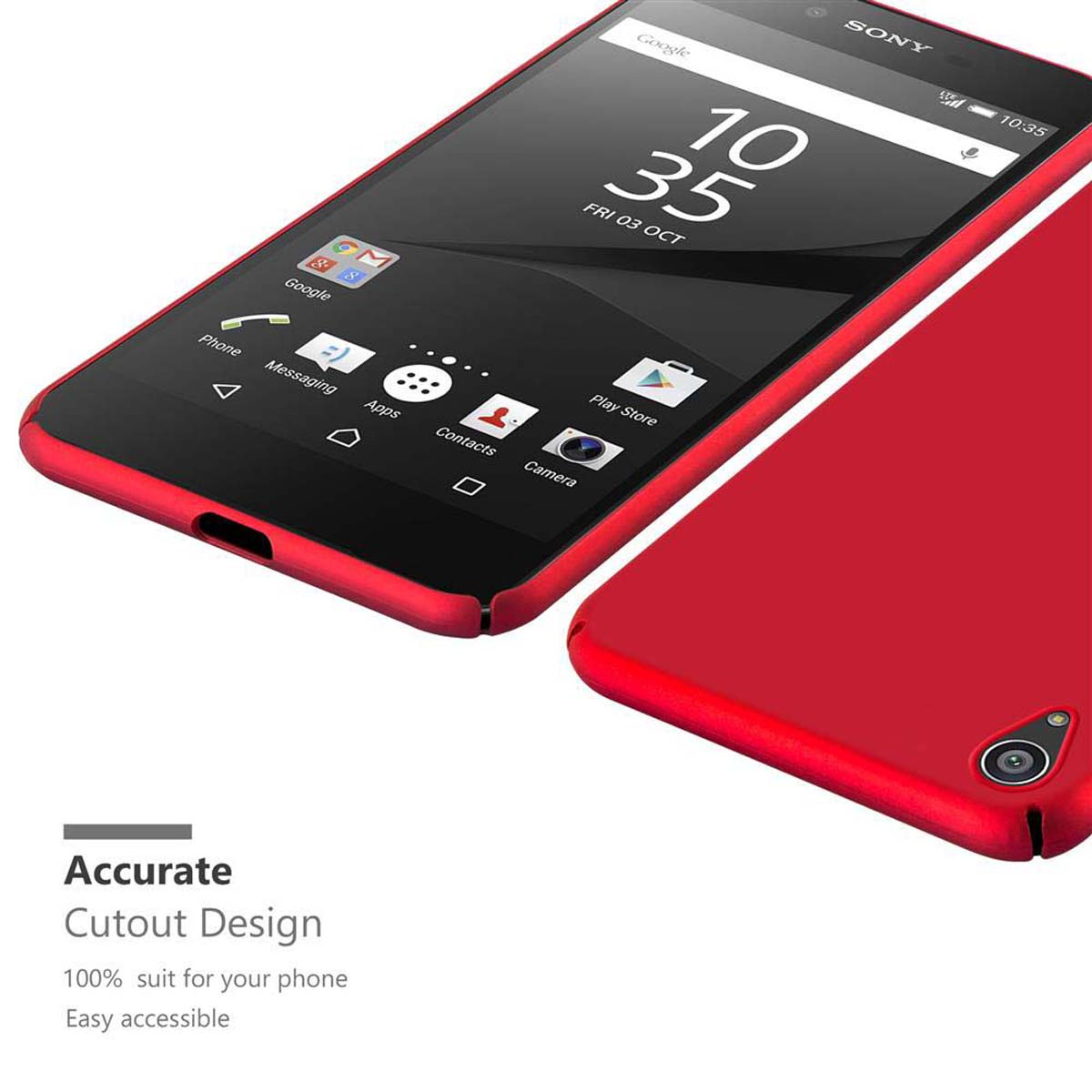 Un telefono rosso e la sua custodia. Il testo dice 'Accurate Cutout Design' e descrive le caratteristiche del telefono.