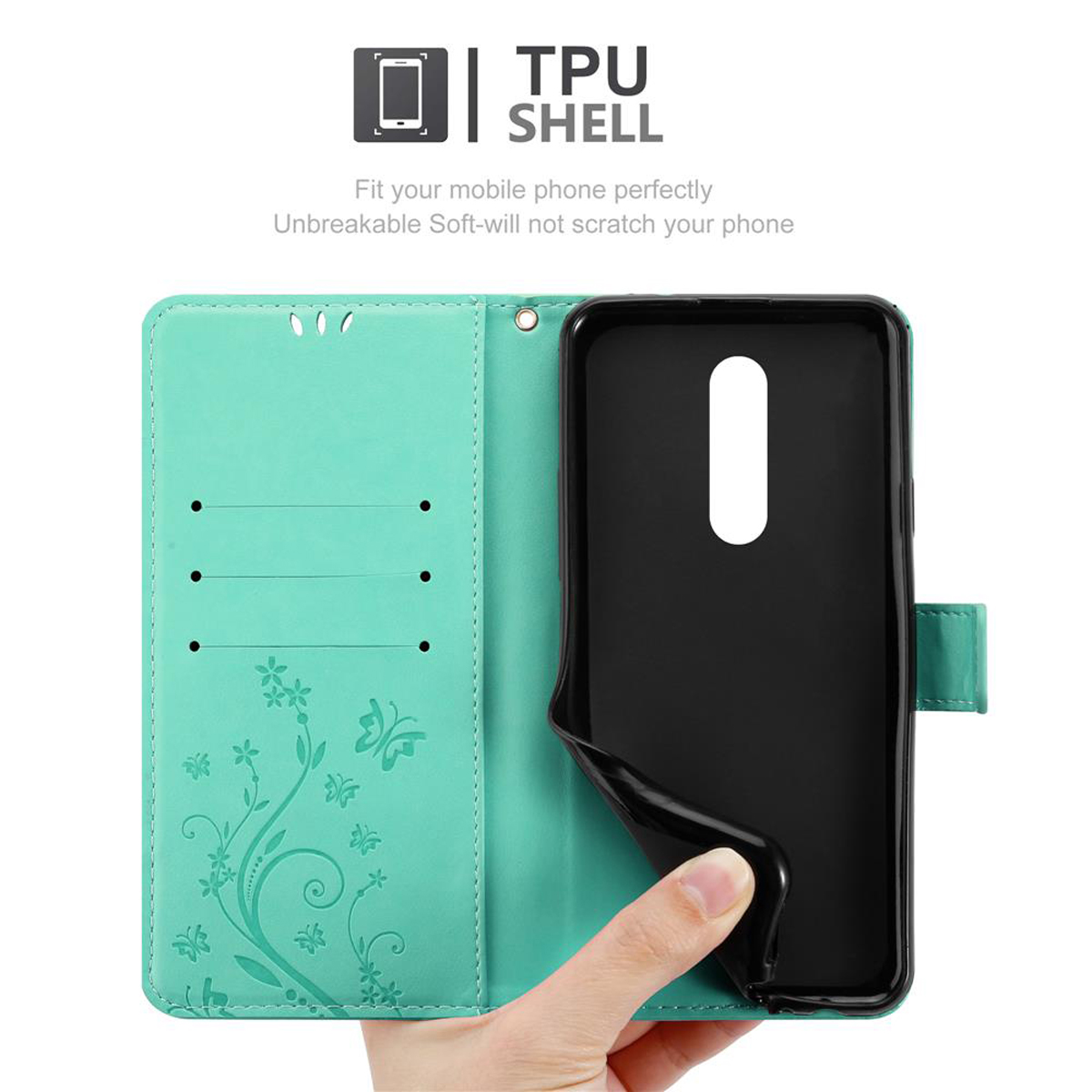 Geöffnete türkis Handyhülle mit schwarzem Telefon und Blumendesign. Eine Hand hält die Hülle.