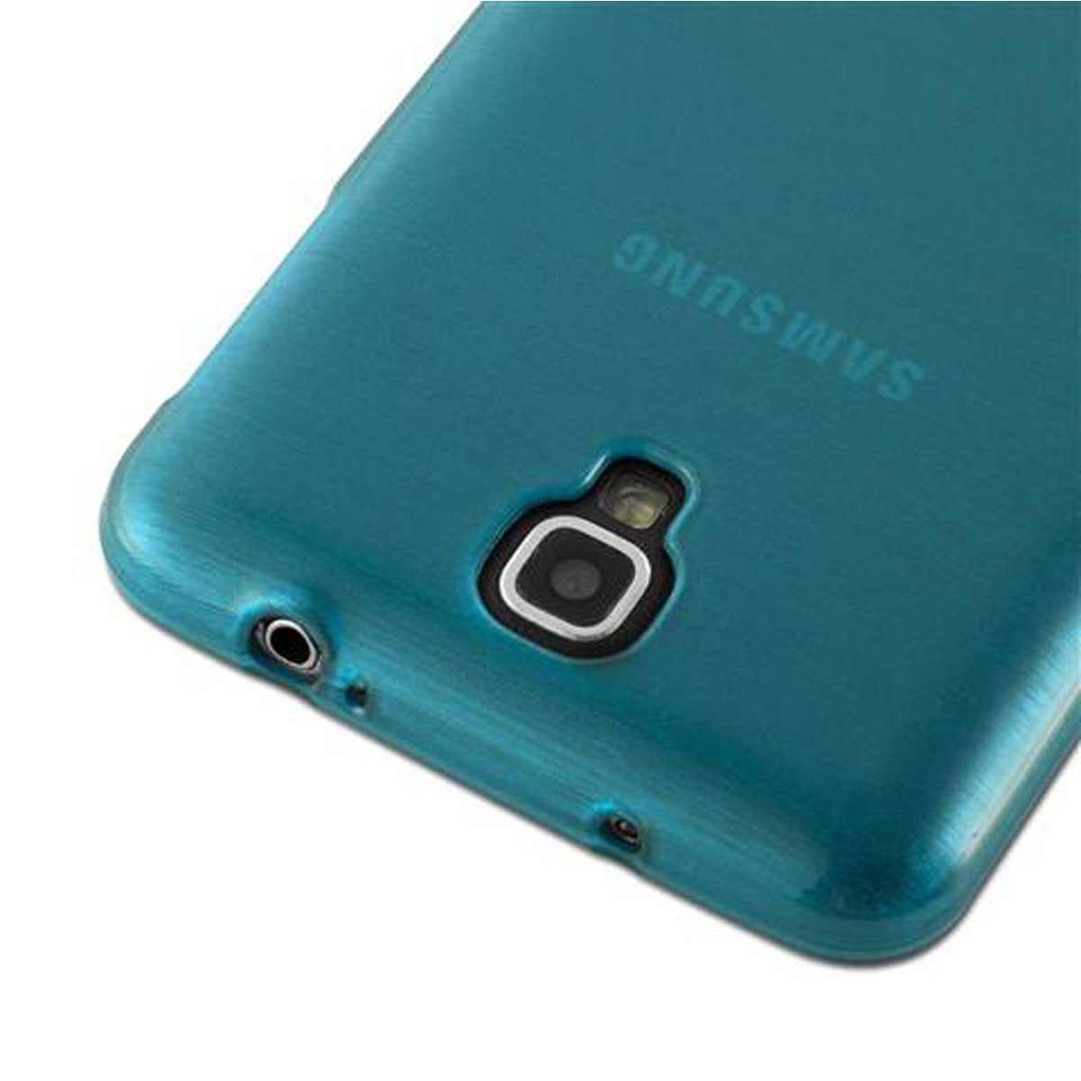 Custodia per telefono verde acqua, con fotocamera e altoparlante del telefono visibili.