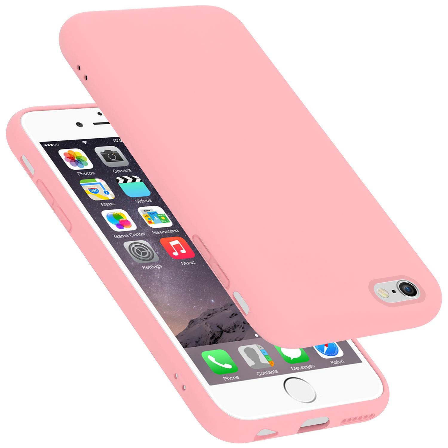 iPhone rosa con custodia rosa. Lo schermo mostra icone di app. La custodia è leggermente aperta.