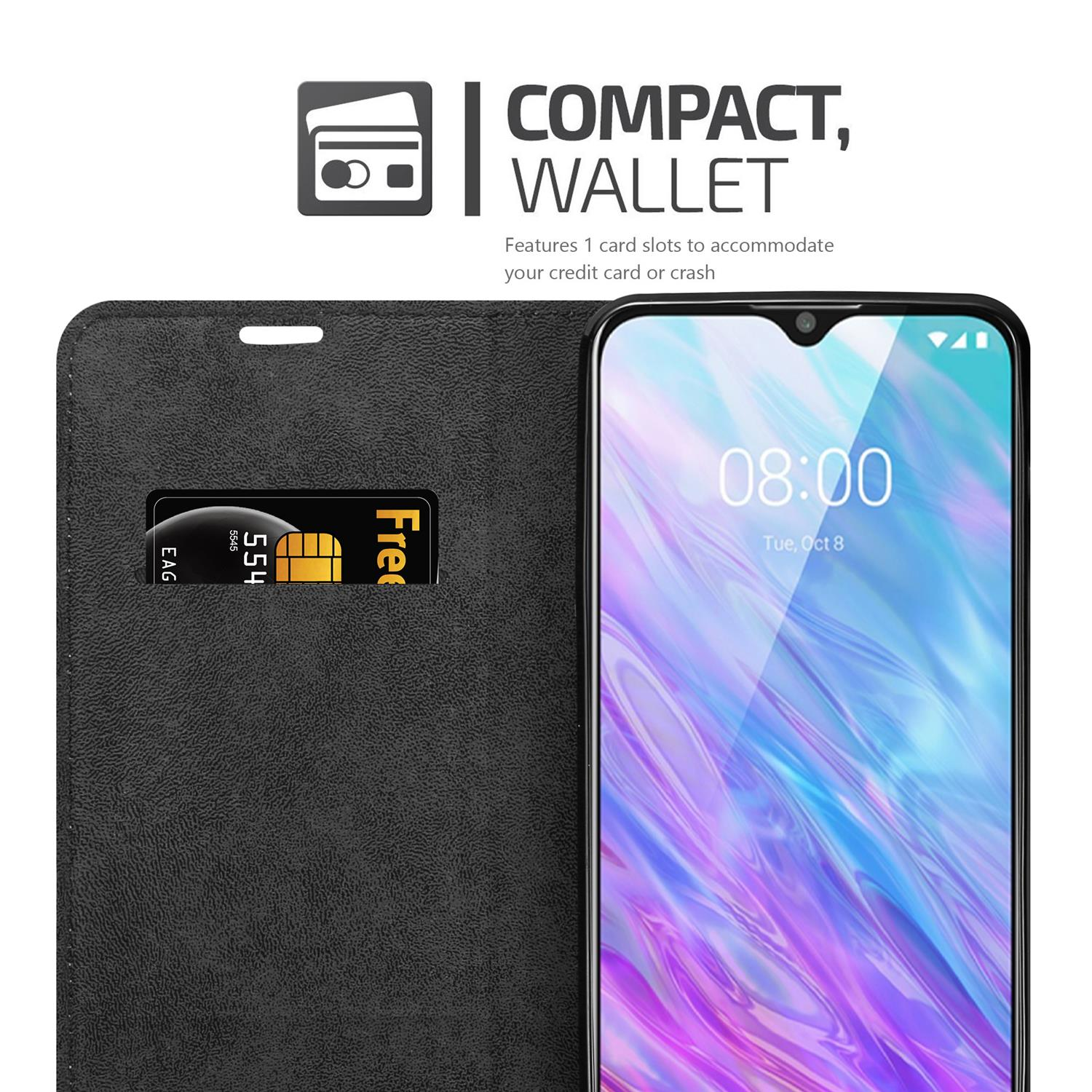 Telefon in einer schwarzen Brieftaschenhülle mit Kreditkartenfach. Text: Kompakt, Geldbörse.