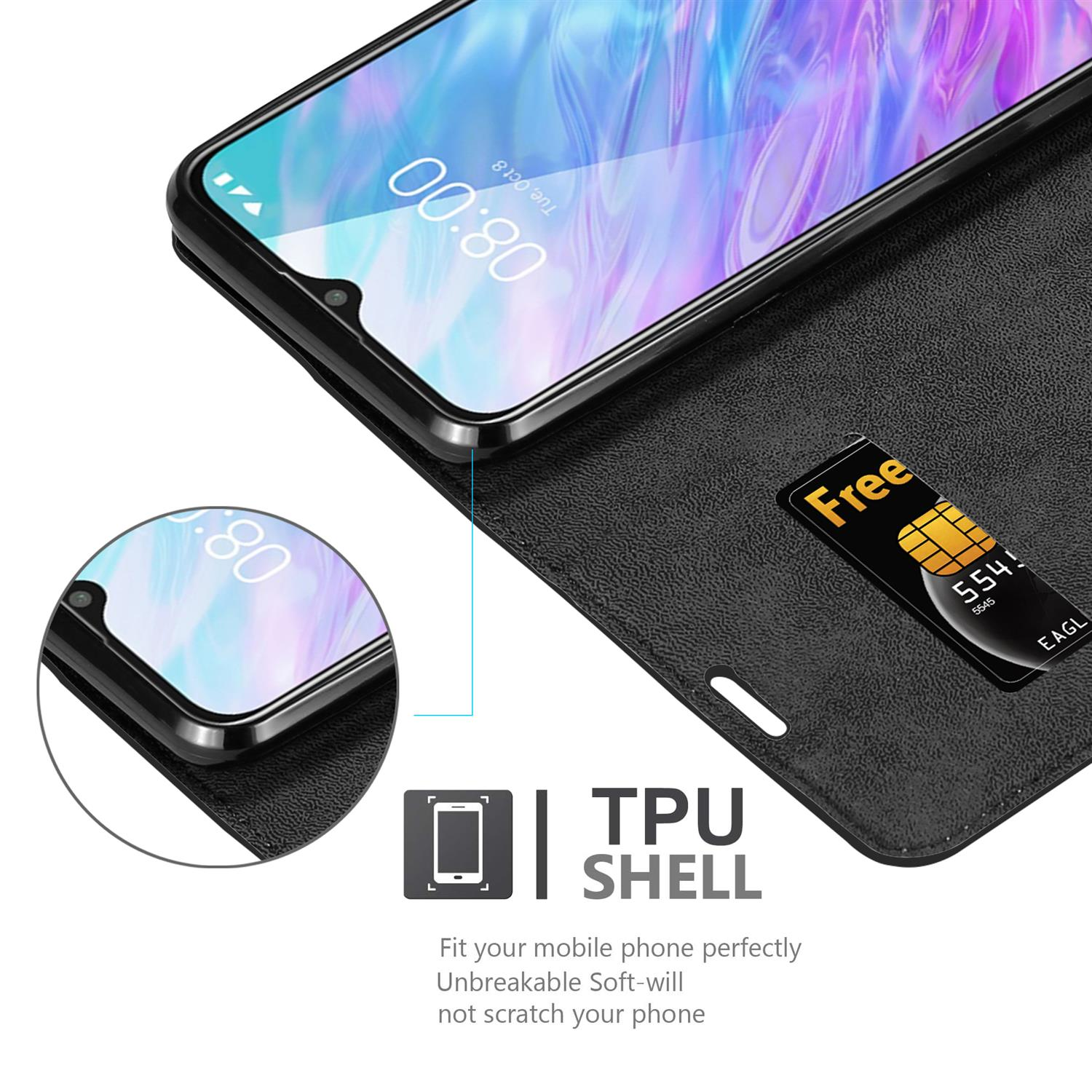 Schwarze Handyhülle mit Telefon. Eine Karte ist sichtbar. Die Worte TPU SHELL sind vorhanden.