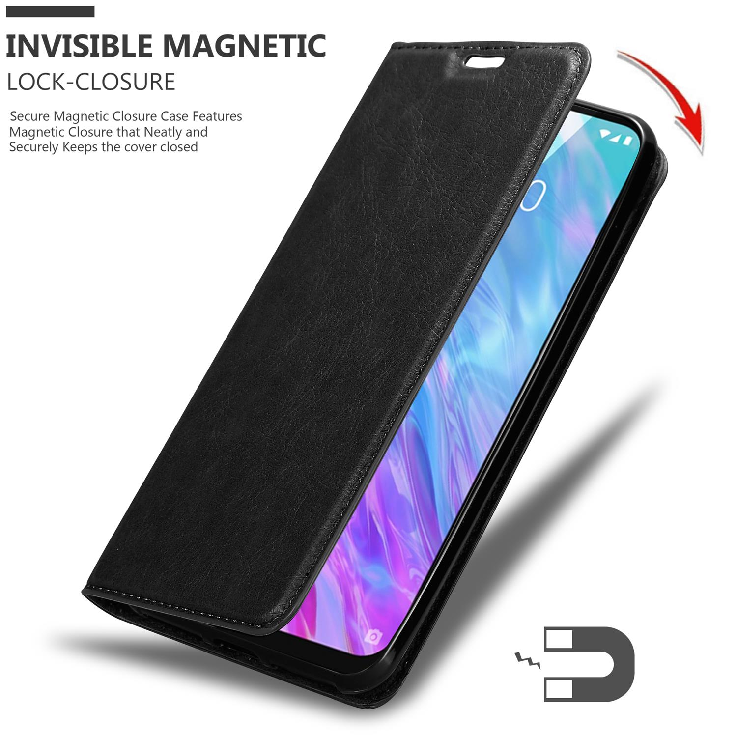 Schwarze Handyhülle, die auf einem Telefon geöffnet ist. Die offene Hülle zeigt den Telefonbildschirm.